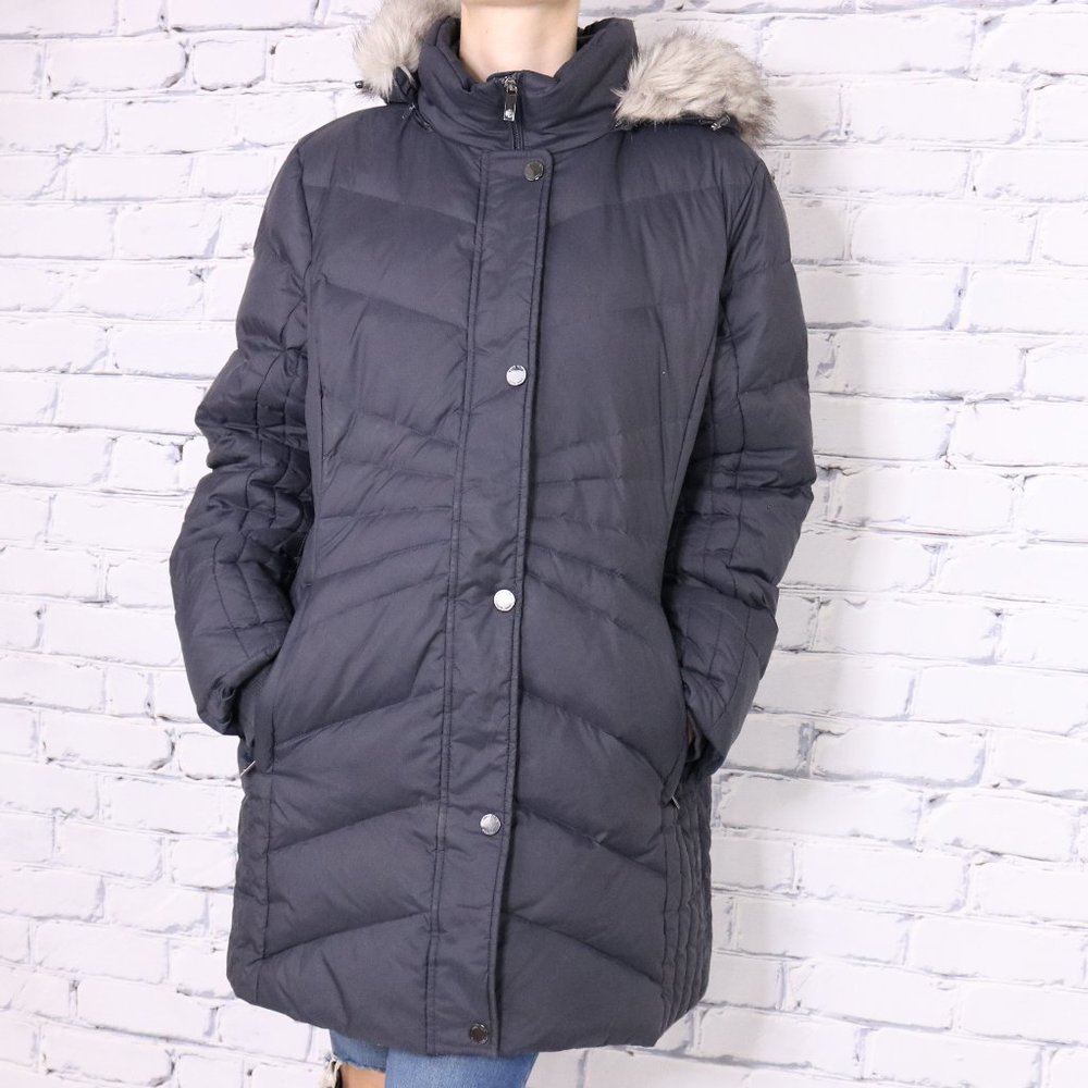 NWT Anne Klein grey faux fur trim long puffer parka O1